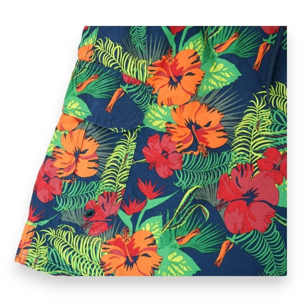 Rugby University Board Shorts‎ Swim Trunks Small Blue Floral Pockets Mesh Lining